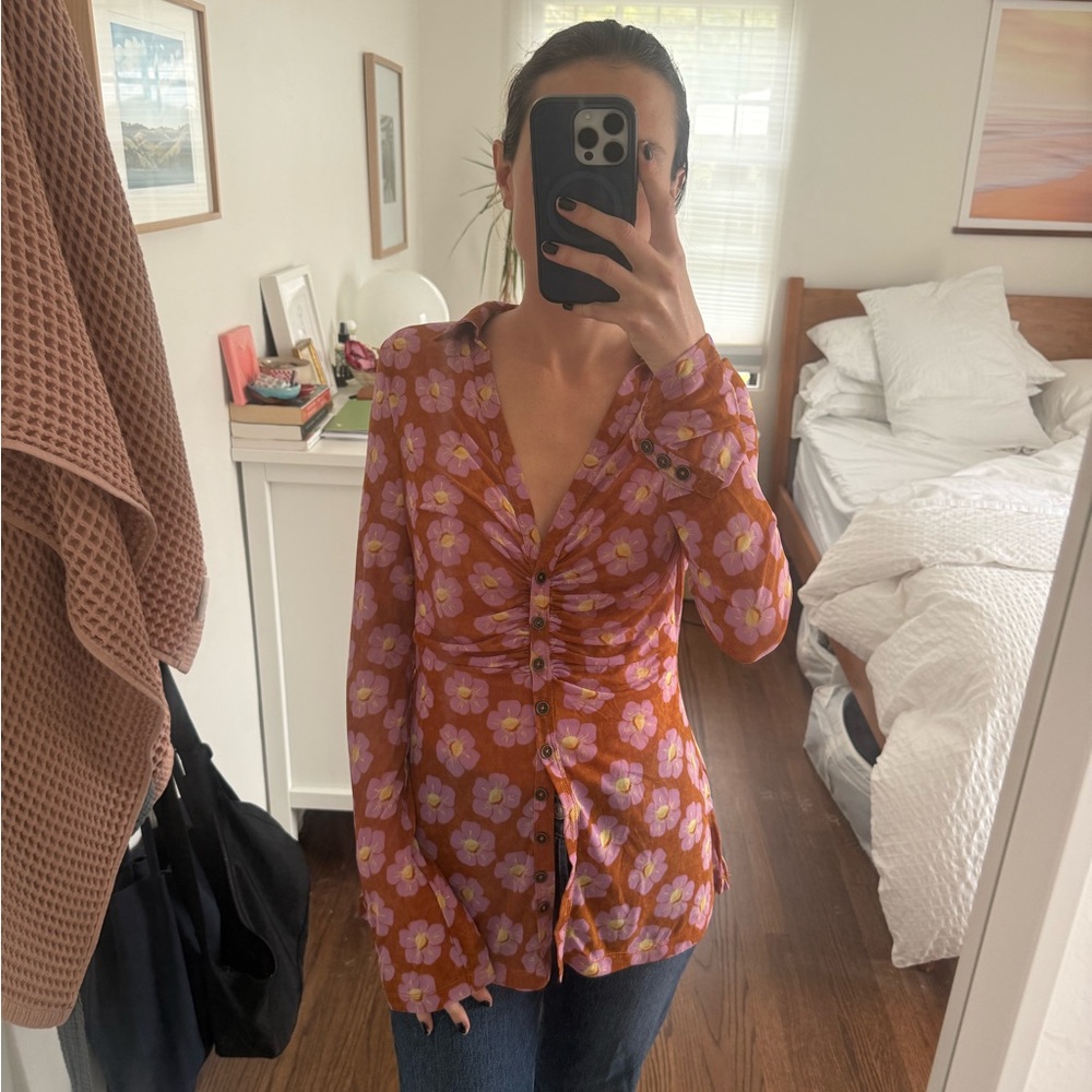 Free People Orange and Pink Floral Blouse